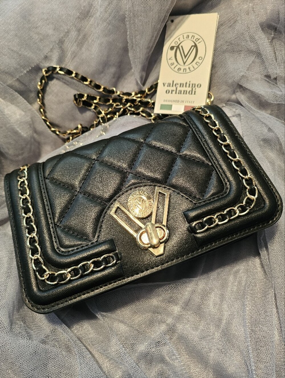 Valentino Orlandi Black Quilted Crossbody with Gold Chain Strap